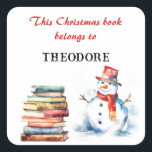Christmas Snowman Kids This Book Belongs To Name Square Sticker<br><div class="desc">Inspire the wonder of reading this Christmas, with this cute bookplate sticker. The words are 'This Christmas book belongs to' in red script typography, followed by the recipient's name (click 'Personalize' to enter the name you would like). The festive sticker is decorated with a watercolor-style picture of a jolly snowman...</div>
