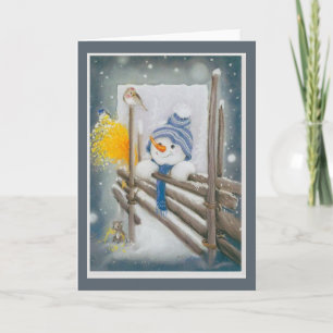 Christmas Snowman Looking At Bird Holiday Card