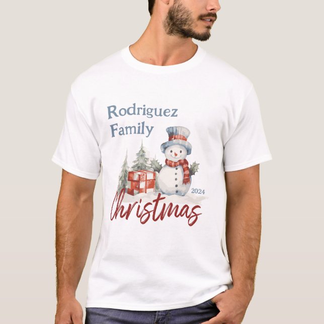 Christmas Snowman Monogrammed Name Family T-Shirt (Front)