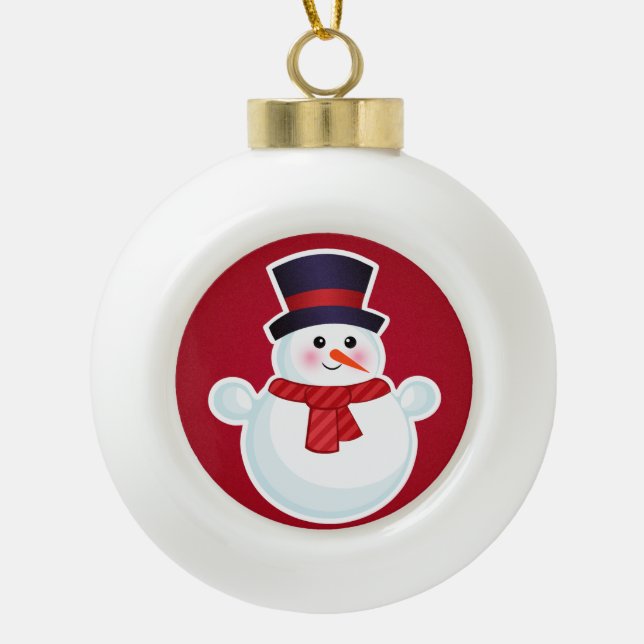 Christmas Snowman on Red Background Ceramic Ball Christmas Ornament (Front)