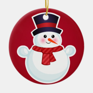 Christmas Snowman on Red Background Ceramic Ornament