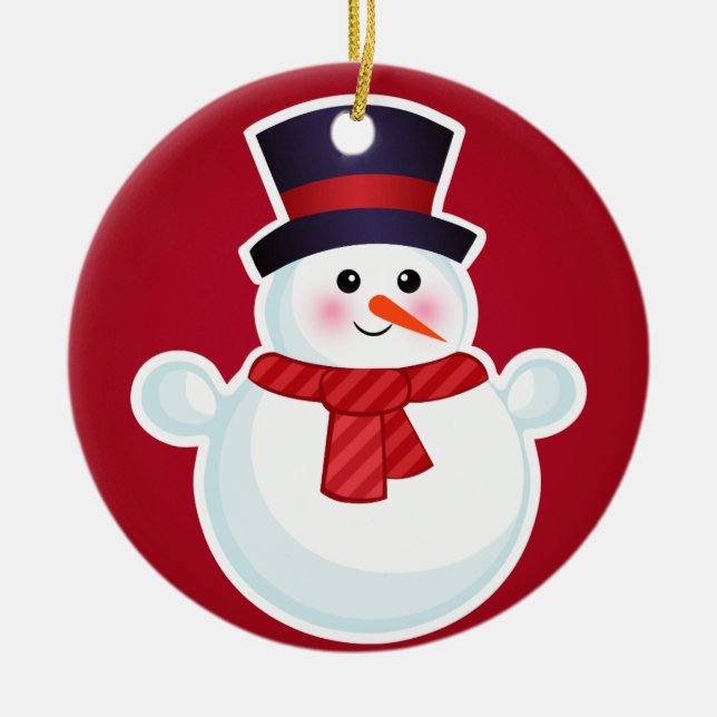 Christmas Snowman on Red Background Ceramic Ornament (Front)