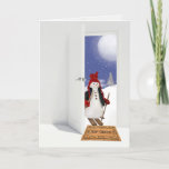 Christmas snowman on skis in doorway holiday card<br><div class="desc">cute snowman on skis in open doorway with Merry Christmas message on doormat</div>