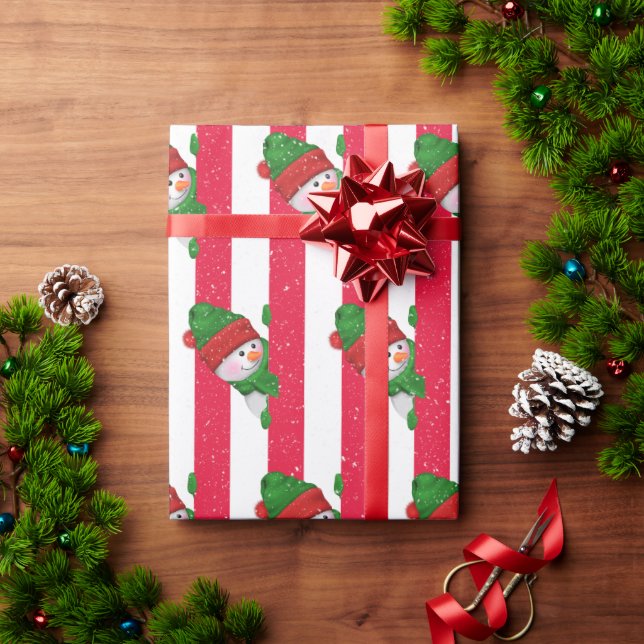 Christmas Snowman On Stripes Wrapping Paper (Holiday Gift)