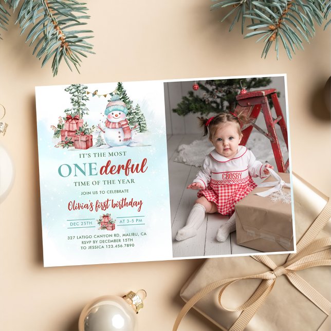 Christmas Snowman Onederful First Birthday Photo Invitation (Creator Uploaded)