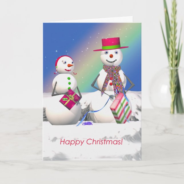 Christmas Snowman Opens Gifts Holiday Card (Front)