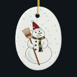Christmas Snowman Ornament<br><div class="desc">Happy snowman wearing a santa hat with snow floating down around him.</div>