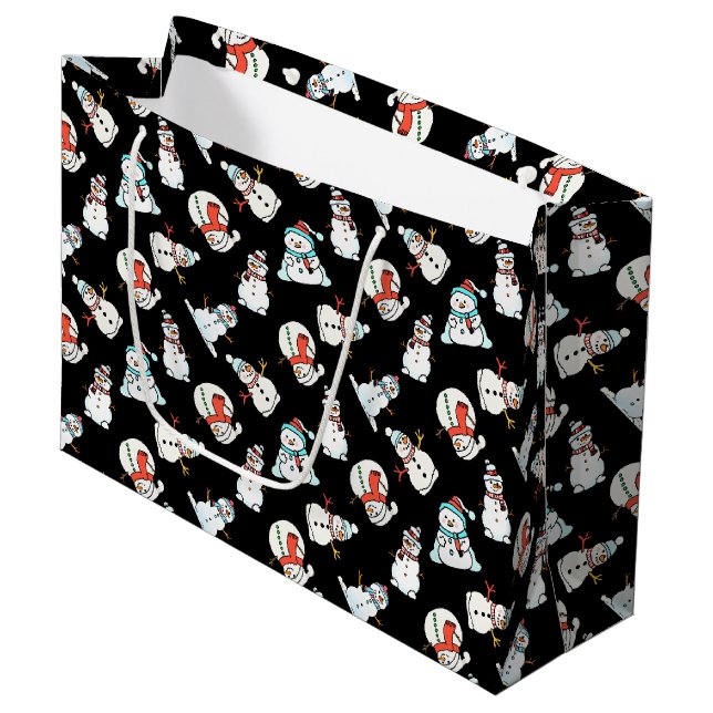 Christmas Snowman Pattern - Black Large Gift Bag (Front Angled)