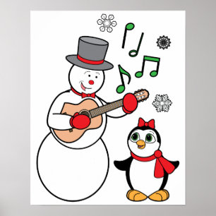 Christmas Snowman, Penguin and Guitar Poster