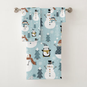 Christmas Snowman, Penguins and Trees Bath Towel Set