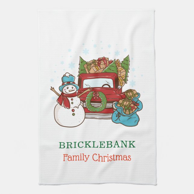 Christmas Snowman Personalized Family Kitchen Towel (Vertical)