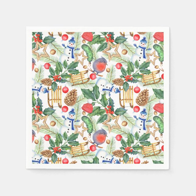 Christmas Snowman, Pine Cones, Holly, Sled, Star Napkin (Front)