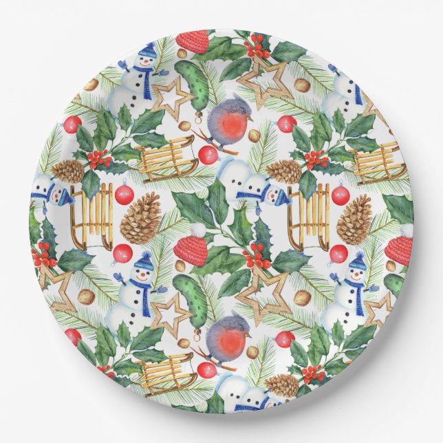 Christmas Snowman, Pine Cones, Holly, Sled, Star Paper Plate (Front)