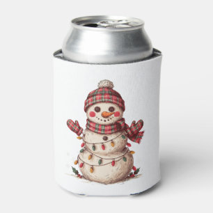 Christmas Snowman Plaid Hat Scarf Lights Mittens Can Cooler