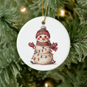 Christmas Snowman Plaid Hat Scarf Lights Mittens Ceramic Ornament