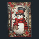 Christmas Snowman Plaid Scarf Red Flowers Kitchen Towel<br><div class="desc">A full size snowman wearing a red plaid scarf,  top hat and carrot nose surrounded by Christmas decorations in the frame</div>
