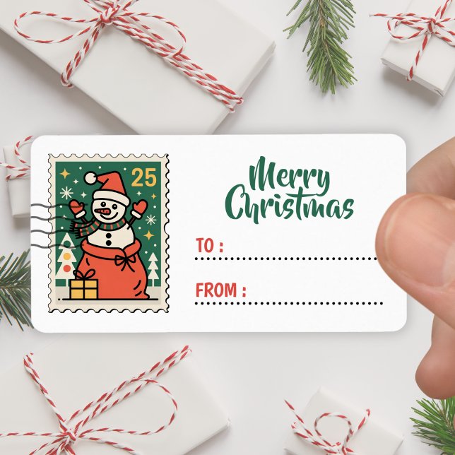 Christmas Snowman Postage Stamp Sticker Label (Creator Uploaded)
