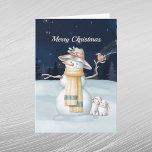 Christmas Snowman Rabbit Bird Hat Watercolor Night Holiday Card<br><div class="desc">A snowman in a floppy hat holding a bird with two rabbits.</div>