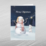 Christmas Snowman Rabbit Star Watercolor Night  Holiday Card<br><div class="desc">A snowman and rabbit.</div>