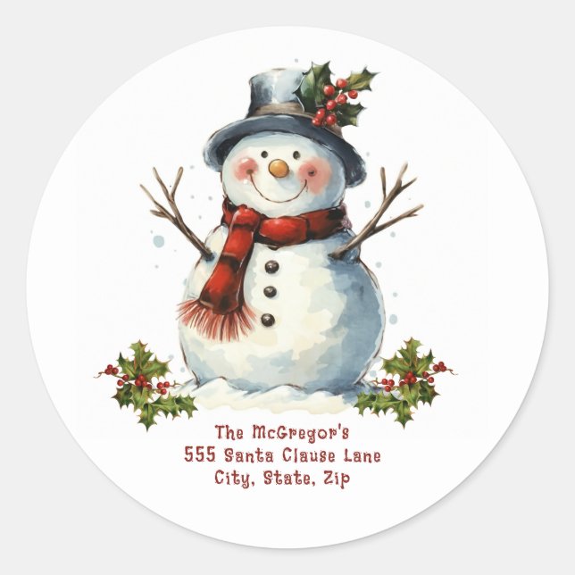 Christmas Snowman Return Address  Classic Round Sticker (Front)