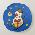 Christmas Snowman Round Pillow<br><div class="desc">A cute snowman on a sleigh with a present,  a little letter and Christmas decorations.</div>