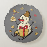 Christmas Snowman Round Pillow<br><div class="desc">A cute snowman on a sleigh with a present,  a little letter and Christmas decorations.</div>