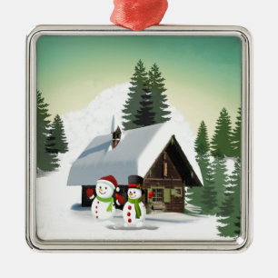 Christmas Snowman Scene Metal Ornament