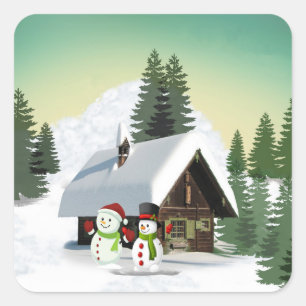 Christmas Snowman Scene Square Sticker