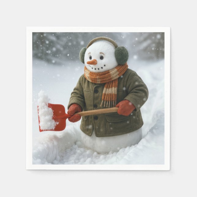 Christmas Snowman Shoveling Snow Napkin (Front)