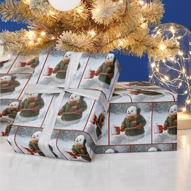 Christmas Snowman Shoveling Snow Wrapping Paper (Holidays)