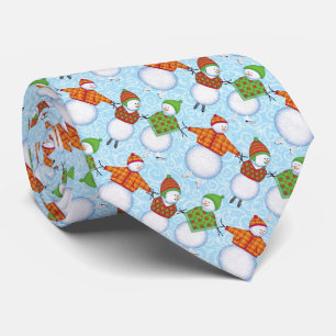 Christmas Snowman Skating on Blue Damask Tie