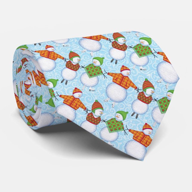 Christmas Snowman Skating on Blue Damask Tie (Rolled)