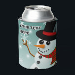 Christmas snowman, snow and snowflakes can cooler<br><div class="desc">Cute snowman catching snowflakes. He has coal for his eyes and mouth and a carrot for his nose. A red and green stripped scarf around his neck and three buttons doen his front. Twigs for arms and a black top hat with a red band on top of his head. C.katt...</div>