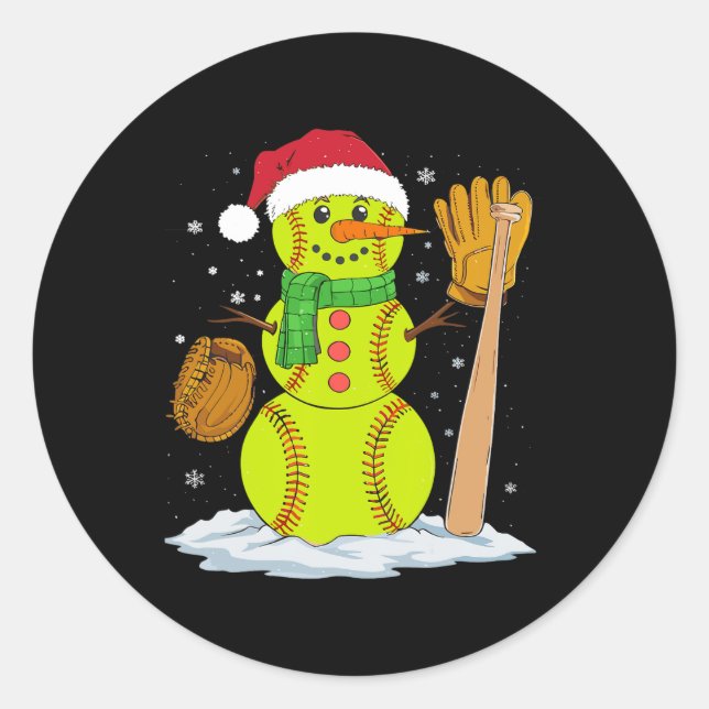 Christmas Snowman Softball Pitcher Boys Kids Teens Classic Round Sticker (Front)