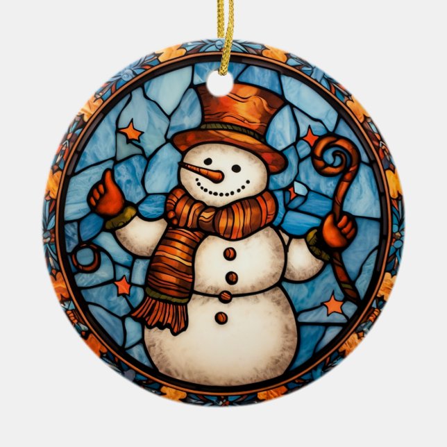Christmas Snowman stained glass style Ceramic Ornament (Front)