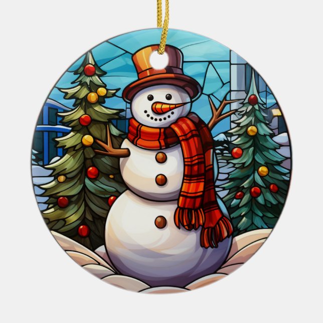 Christmas Snowman stained glass style Ceramic Ornament (Front)