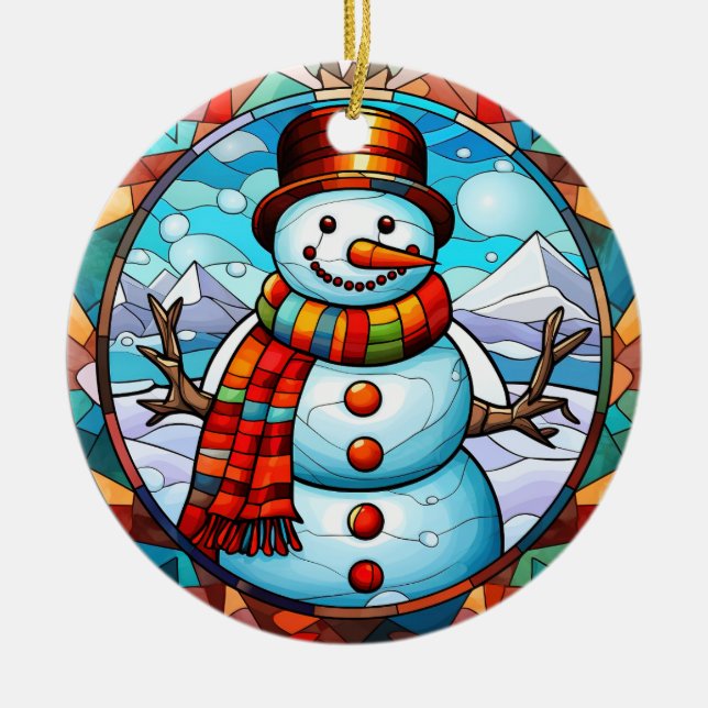 Christmas snowman  stained glass style ceramic ornament (Front)