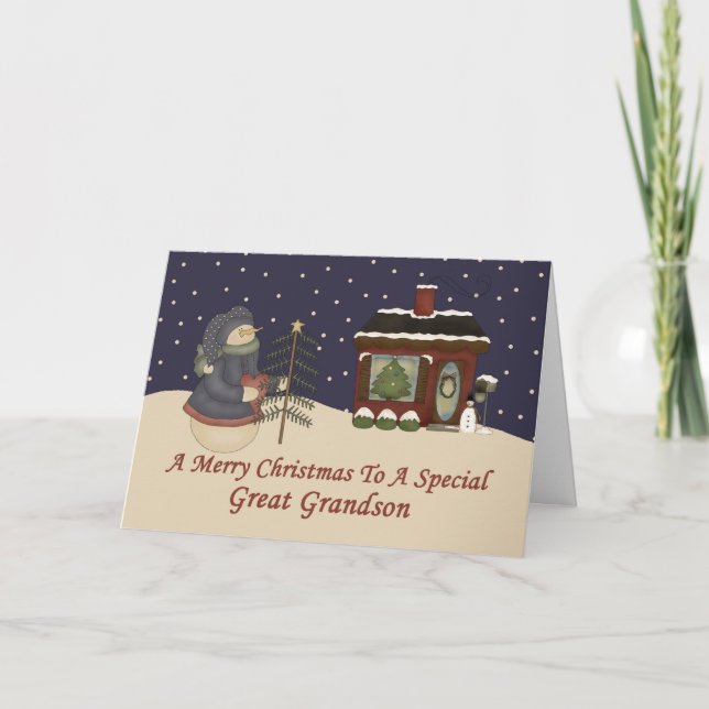 Christmas Snowman To A Special Great Grandson Holiday Card (Front)