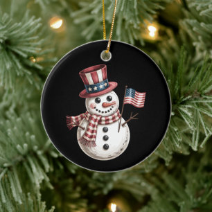 Christmas Snowman USA Flag Patriotic Xmas Snow Ceramic Ornament