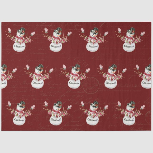 Christmas Snowman Watercolor Red Script Decoupage Tissue Paper (Front)