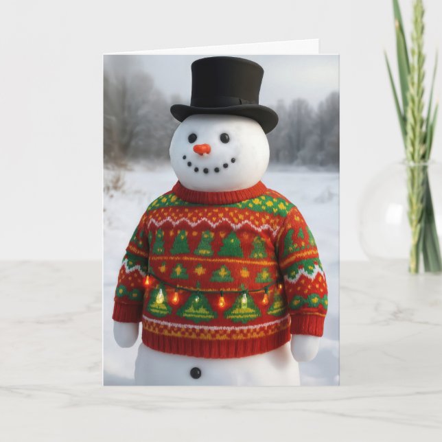 Christmas Snowman Wearing an Ugly Sweater Card (Front)