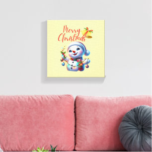 Christmas Snowman with Bells Festive Holiday Art Canvas Print