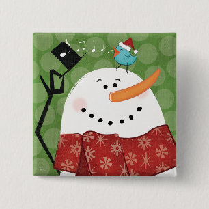 Christmas Snowman with Bird 2 Inch Square Button