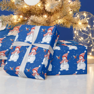 Christmas Snowman with Bird on Blue Wrapping Paper
