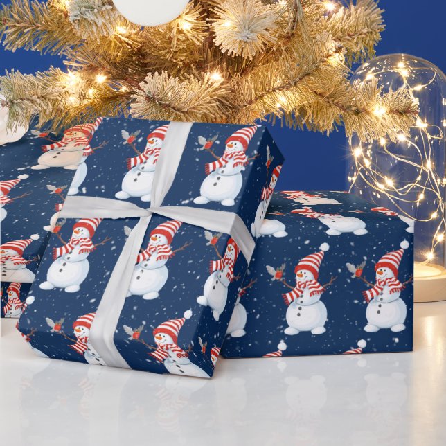 Christmas Snowman with Bird on Blue  Wrapping Paper (Holidays)