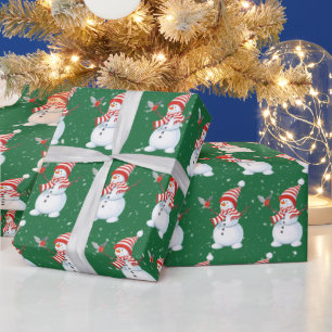 Christmas Snowman with Bird on Green Wrapping Paper
