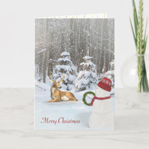 Christmas snowman with deer and wreath holiday card