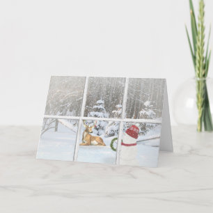 Christmas snowman with deer in windowpane holiday card