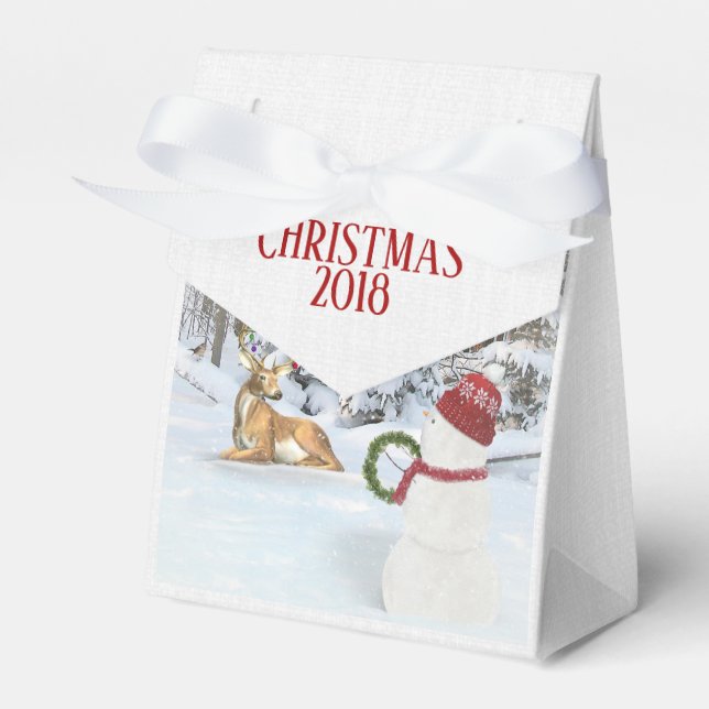 Christmas snowman with deer in winter woods favor box (Front Side)