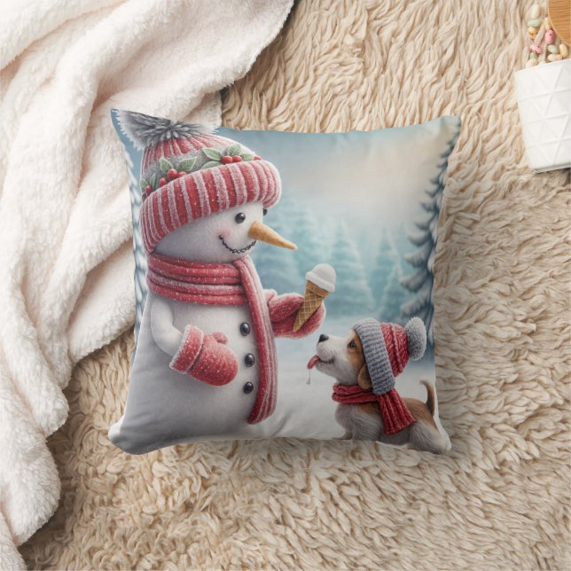 Christmas Snowman With Dog Throw Pillow (Blanket)